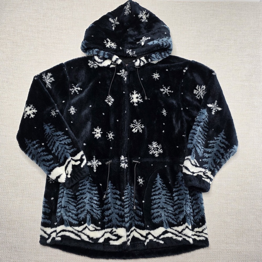Vintage Andrea Faye Winter Scene Fuzzy Fur Jacket Women's Size M USA Snowflakes